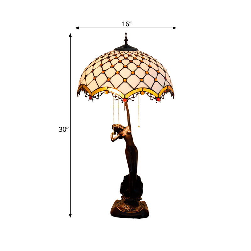 Resina Caffè Pullo-Chain Night Stand Light Lady Statue Lampada da tavolo Tiffany con pappagallo blu-marrone/trellis Giallo-nero in vetro bianco