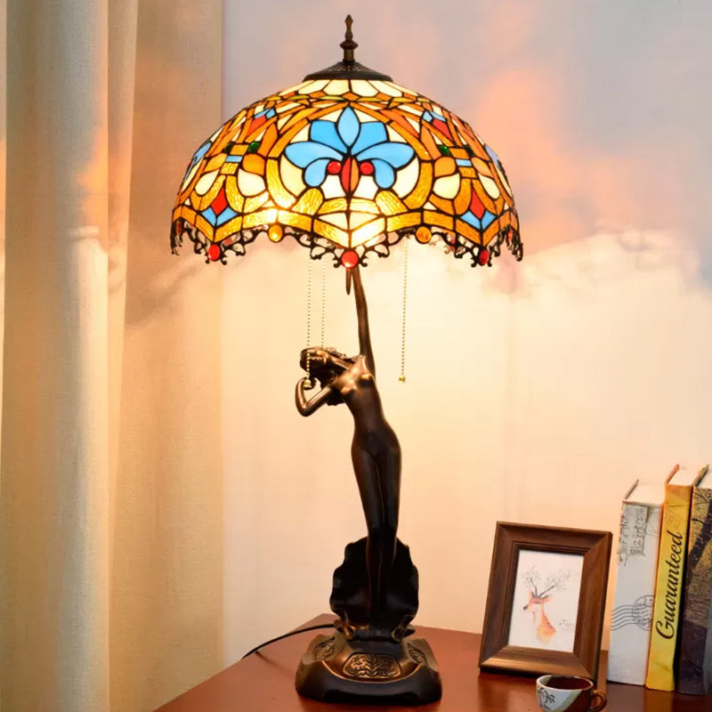 Resin Coffee Pull-Chain Night Stand Light Lady Statue 3-Light Tiffany Table Lamp with Parrot Blue-Brown/Trellis Yellow-White Glass Shade