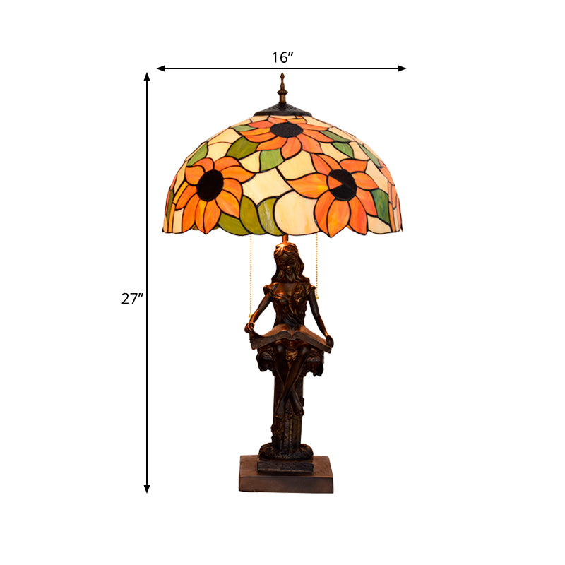 Little Girl Reading Book Table Lamp 2 Lights Resin Baroque Pull-Chain Nightstand Light with Sunflower Red/Orange Glass Shade