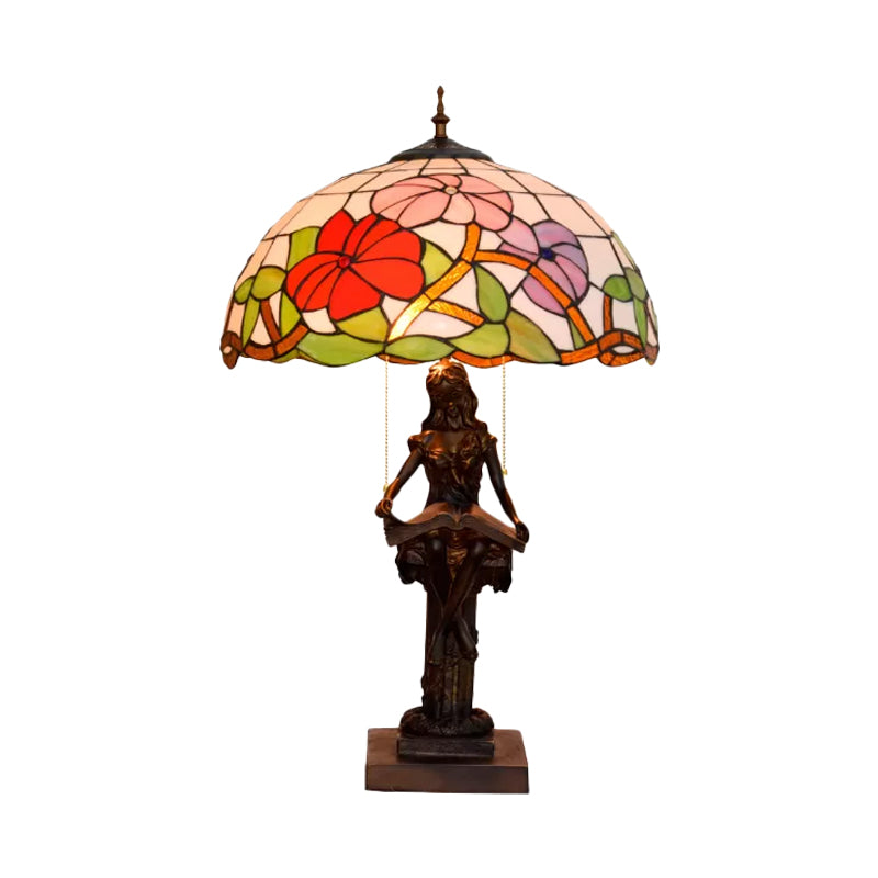 Little Girl Reading Book Table Lamp 2 Lights Resin Baroque Pull-Chain Nightstand Light with Sunflower Red/Orange Glass Shade