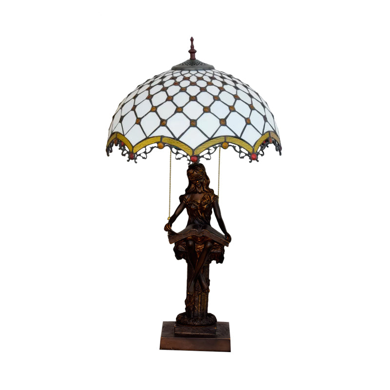 2-Light Reading Girl Table Light Tiffany Bronze Resin Pull Chain Night Lamp with Bird Blue-Brown/Net Yellow-White Glass Shade