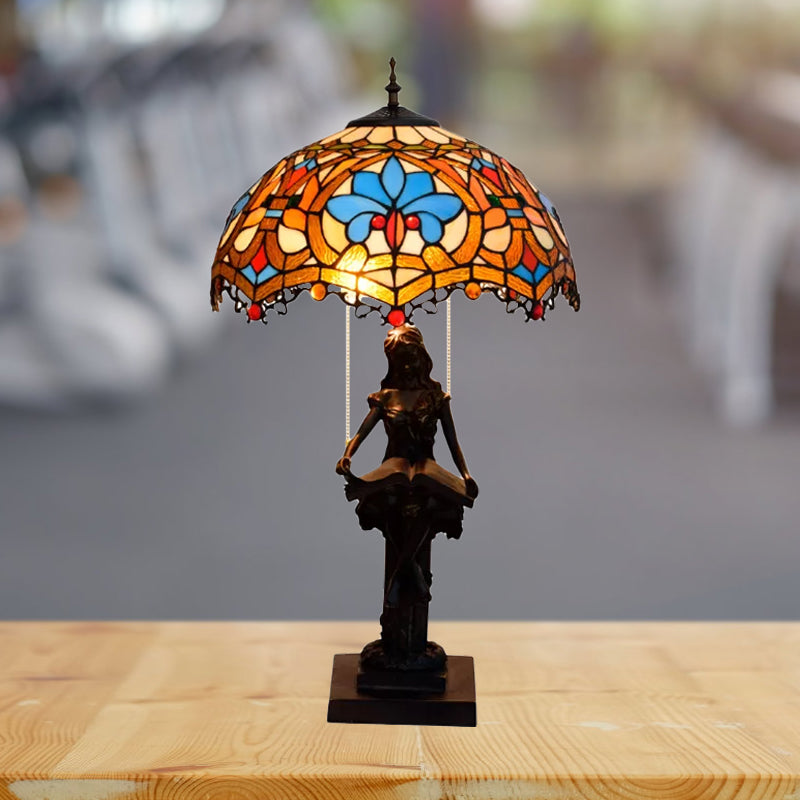 2-Light Reading Girl Table Light Tiffany Bronze Resin Pull Chain Night Lamp with Bird Blue-Brown/Net Yellow-White Glass Shade