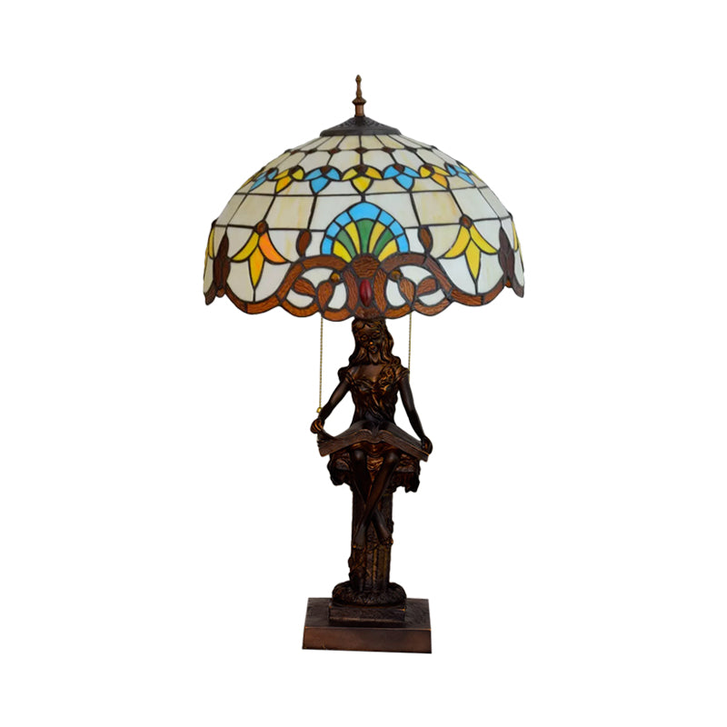 Tiffany-Style Girl Studying Table Light 2 Bulbs Resin Pull-Chain Night Lamp with Grain/Grid/Floral Beige/Blue-White/Blue-Brown Glass Shade