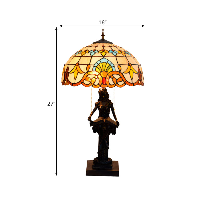 Tiffany-Style Girl Studying Table Light 2 Bulbs Resin Pull-Chain Night Lamp with Grain/Grid/Floral Beige/Blue-White/Blue-Brown Glass Shade