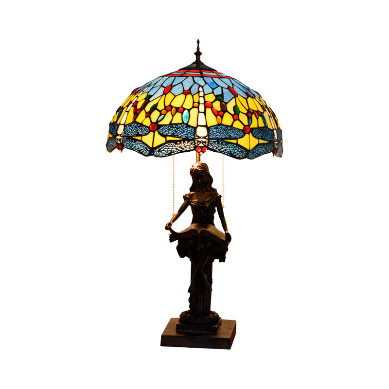 Dragonfly-Edge Night Light 2-Head Yellow/Orange/Green Cut Glass Tiffany Table Lighting with Pull Chain and Girl Pedestal