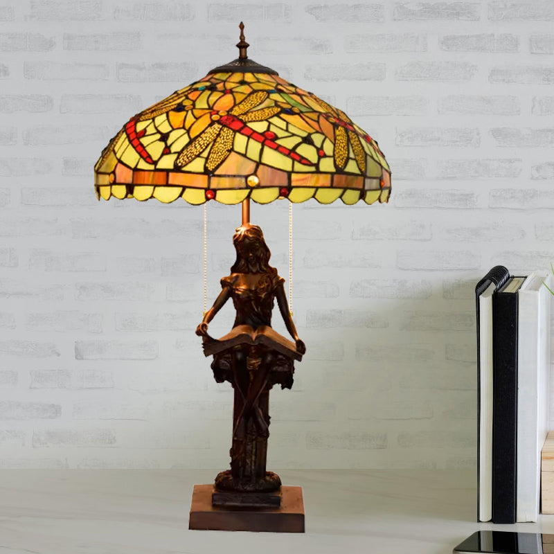 Dragonfly-Edge Night Light 2-Head Yellow/Orange/Green Cut Glass Tiffany Table Lighting with Pull Chain and Girl Pedestal