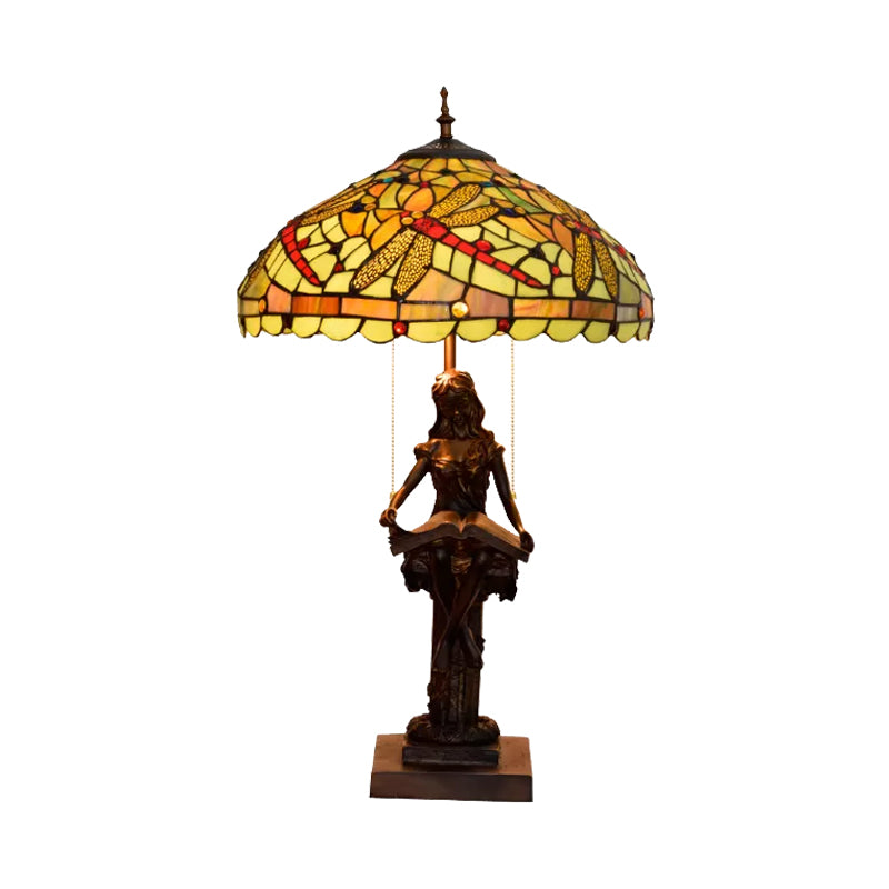 Dragonfly-Edge Night Light 2-Head Yellow/Orange/Green Cut Glass Tiffany Table Lighting with Pull Chain and Girl Pedestal