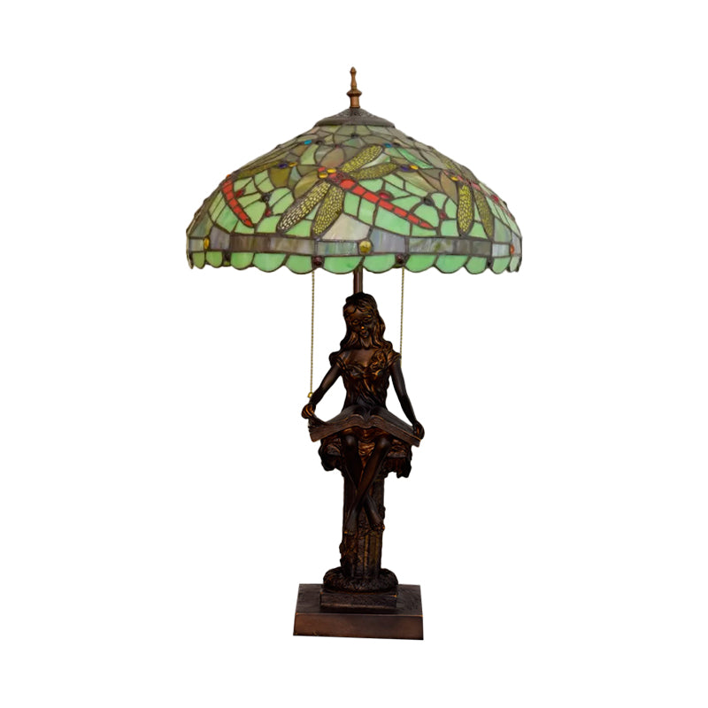 Dragonfly-Edge Night Light 2-Head Yellow/Orange/Green Cut Glass Tiffany Table Lighting with Pull Chain and Girl Pedestal