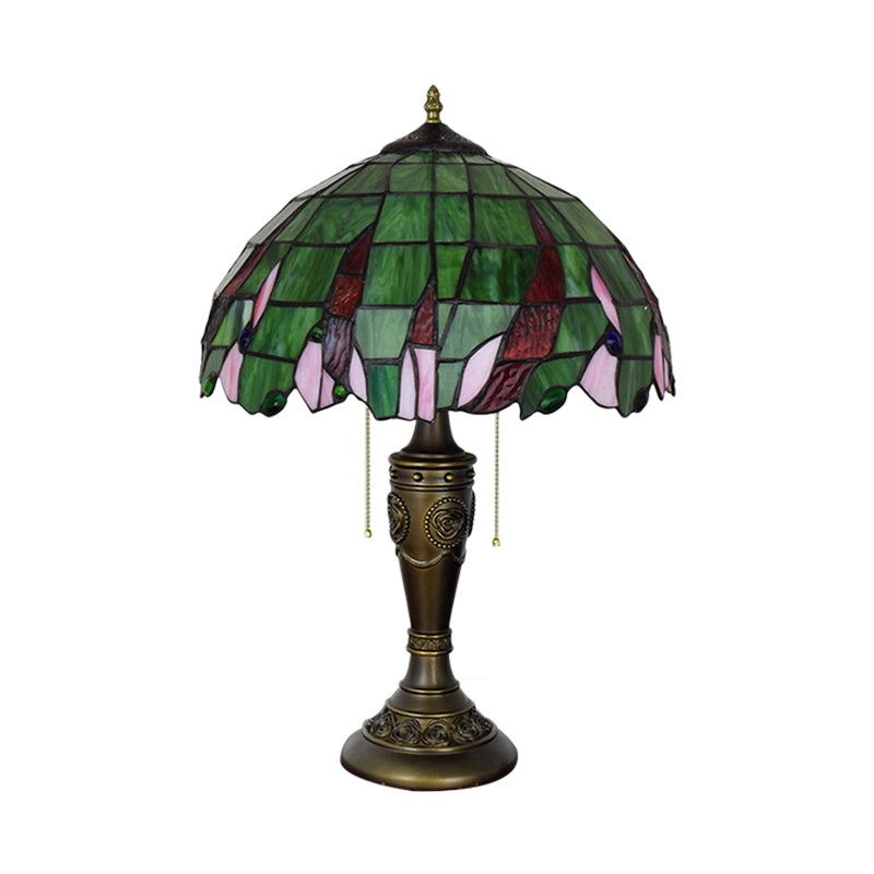 Bronze 2 Heads Table Lamp Tiffany Green Glass Leaf Patterned Bowl Nightstand Light with Pulling Chain