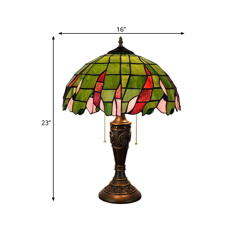 Bronze 2 Heads Table Lamp Tiffany Green Glass Leaf Patterned Bowl Nightstand Light with Pulling Chain