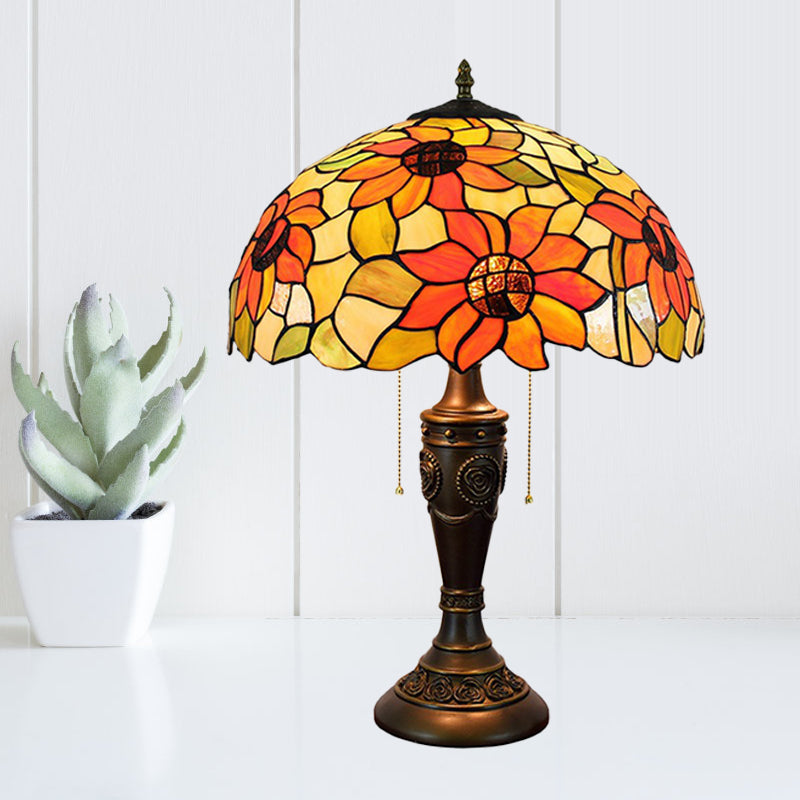 Dome Red/Orange Glass Night Lamp Tiffany 2 Lights Bronze Pull Chain Table Lighting with Carved Base