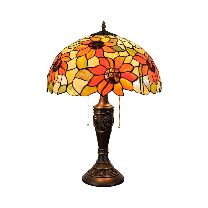 Dome Red/Orange Glass Night Lamp Tiffany 2 Lights Bronze Pull Chain Table Lighting with Carved Base