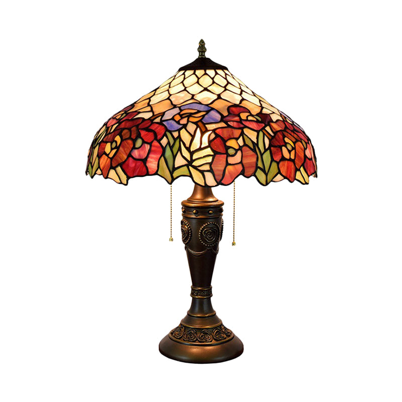 Barn Shade Pull-Chain Night Light Victorian Stained Floral Glass 2-Bulb Bronze Table Lamp for Living Room