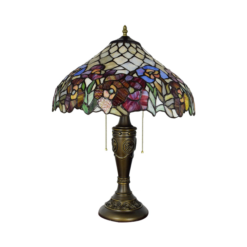 Barn Shade Pull-Chain Night Light Victorian Stained Floral Glass 2-Bulb Bronze Table Lamp for Living Room