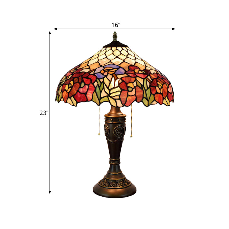 Barn Shade Pull-Chain Night Light Victorian Stained Floral Glass 2-Bulb Bronze Table Lamp for Living Room