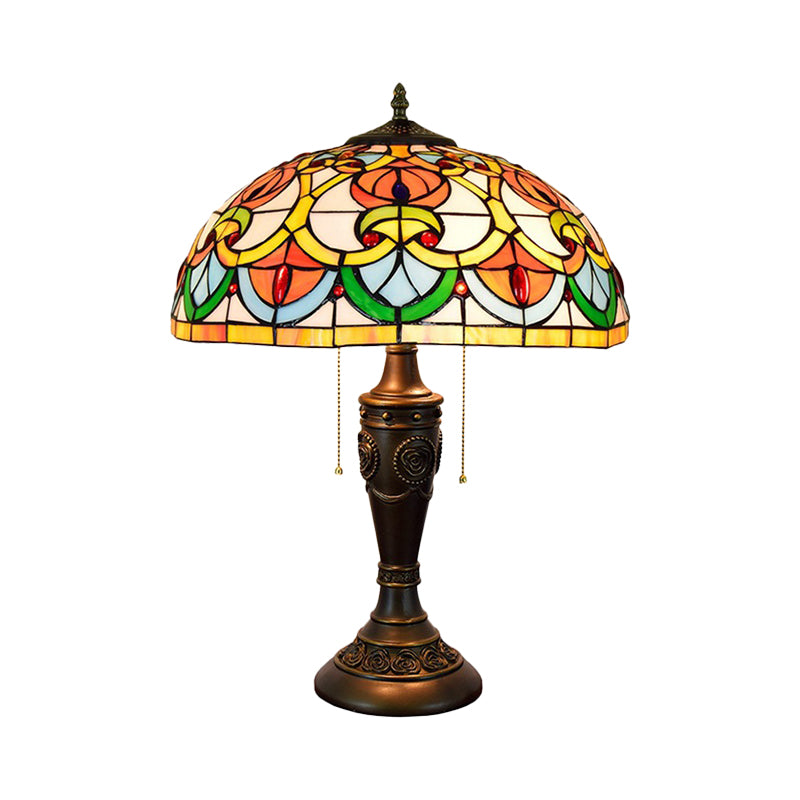 2 Lights Chamber Nightstand Light Tiffany Bronze Pull Chain Table Lamp with Bowl Stained Art Glass Shade