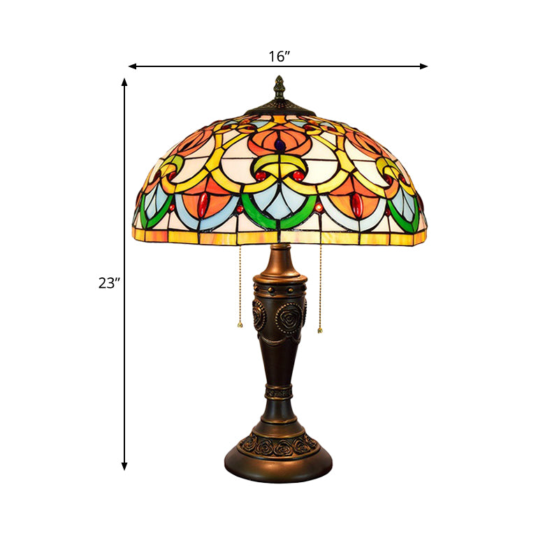 2 Lights Chamber Nightstand Light Tiffany Bronze Pull Chain Table Lamp with Bowl Stained Art Glass Shade