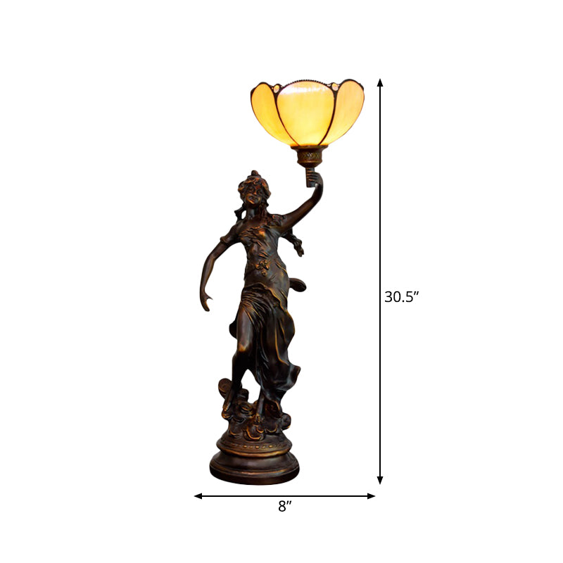 Single Scalloped/Cone Shade Table Light Tiffany Yellow/White-Brown Glass Nightstand Lamp with Greek Woman Statue