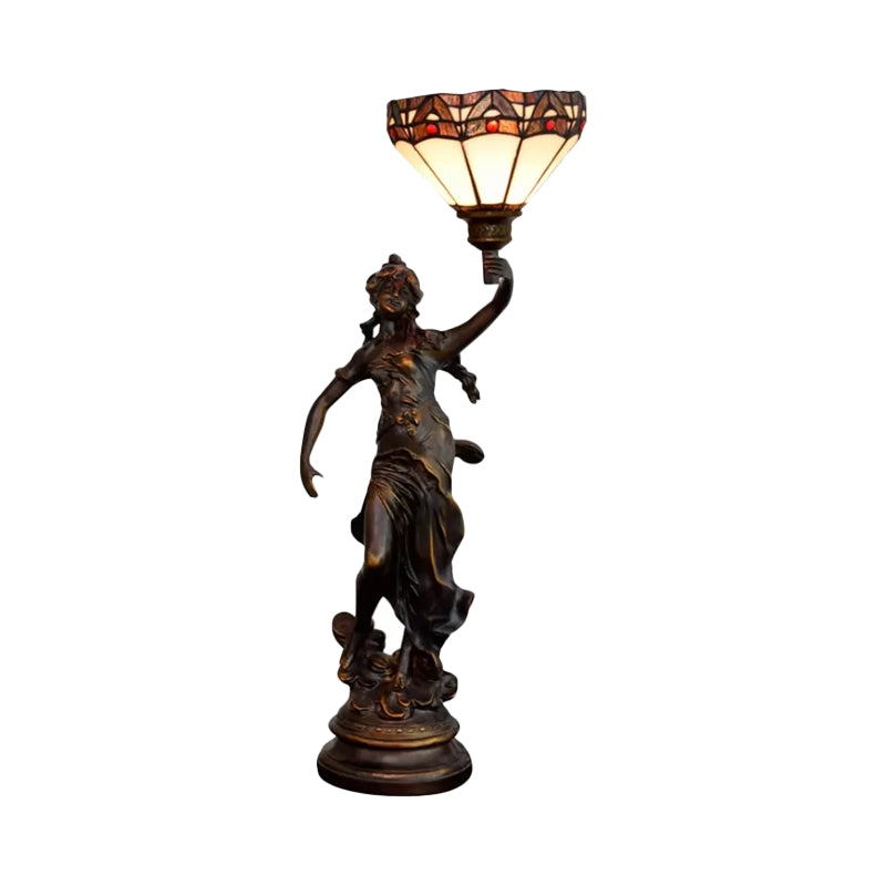 Single Scalloped/Cone Shade Table Light Tiffany Yellow/White-Brown Glass Nightstand Lamp with Greek Woman Statue