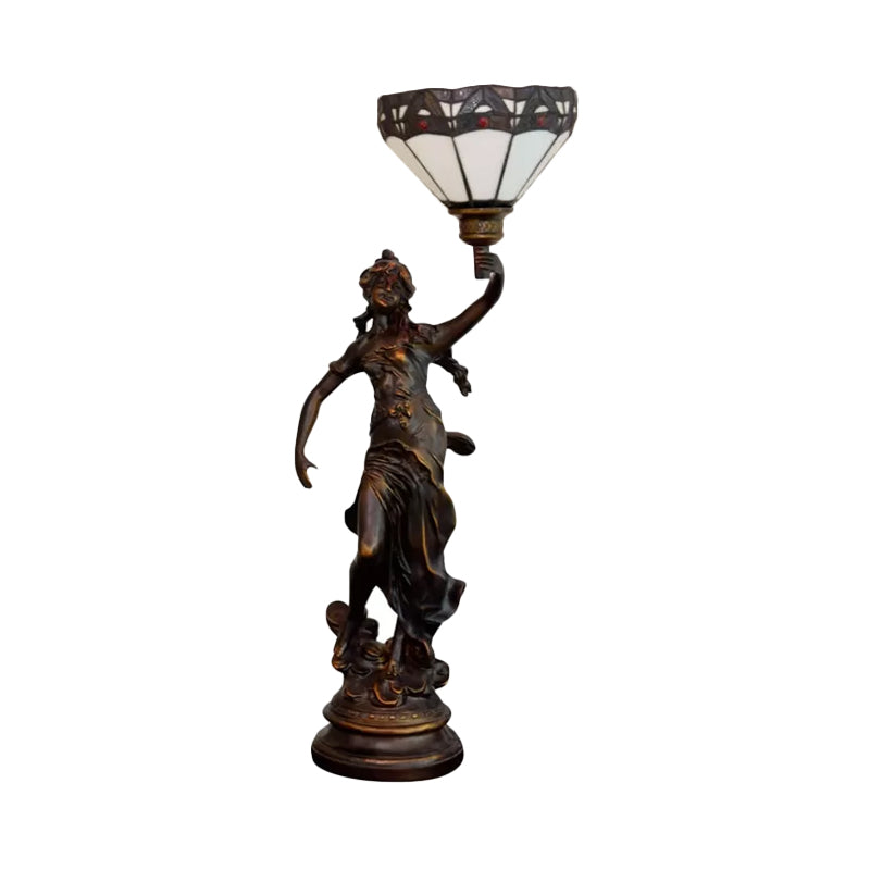 Single Scalloped/Cone Shade Table Light Tiffany Yellow/White-Brown Glass Nightstand Lamp with Greek Woman Statue