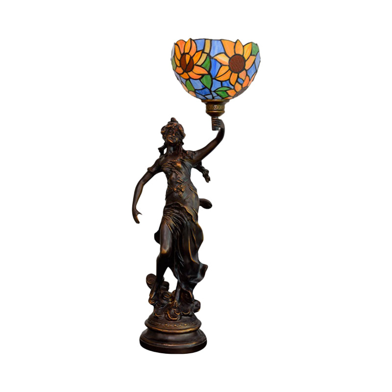 Inverted Bell Table Lighting 1-Light Orange/Yellow-Blue Sunflower Glass Tiffany Night Lamp with Girl Pedestal