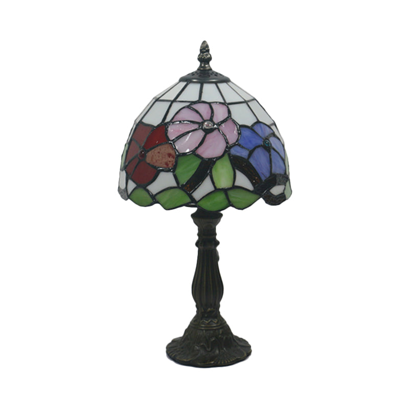 1 Light Bedside Night Table Light Tiffany Bronze Petal Patterned Nightstand Lighting with Dome Stained Glass Shade