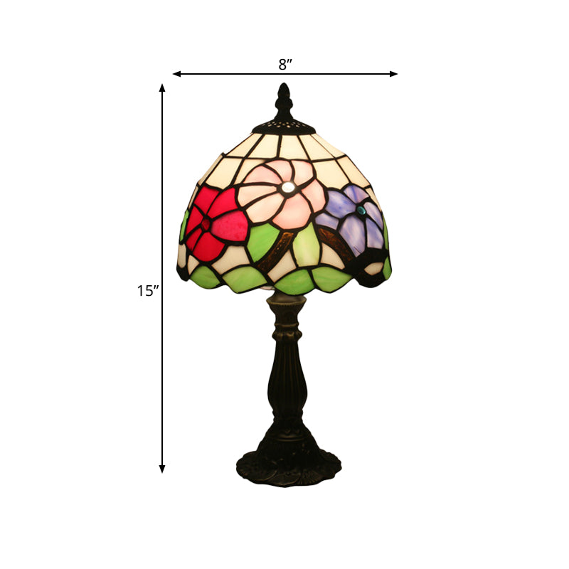 1 Light Bedside Night Table Light Tiffany Bronze Petal Patterned Nightstand Lighting with Dome Stained Glass Shade