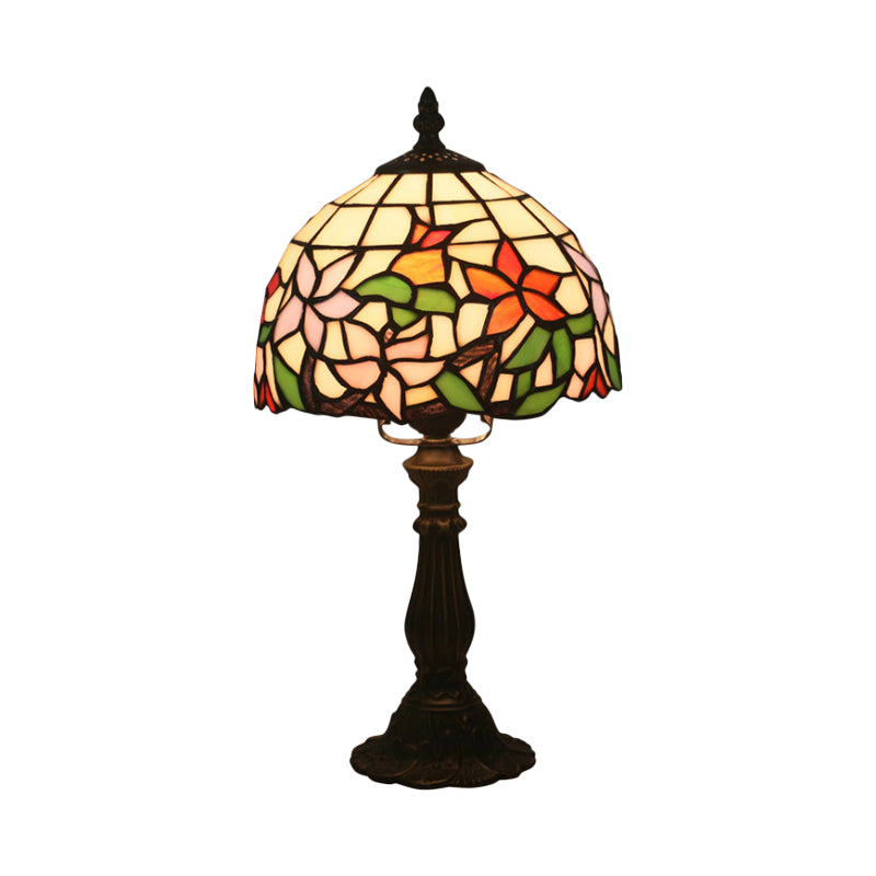 1-Light Nightstand Light Baroque Style Domed Stained Art Glass Bloom Patterned Night Lighting in Red/Pink for Bedroom