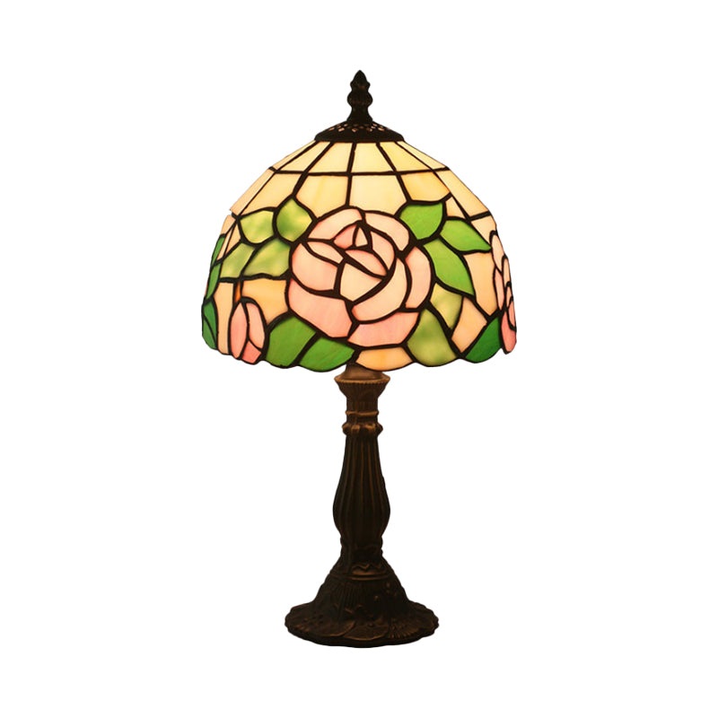 Pink/Purple and Pink Rose Night Lamp Victorian 1 Light Stained Art Glass Table Lighting with Dome Shade