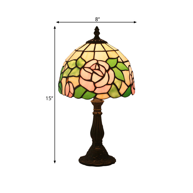 Pink/Purple and Pink Rose Night Lamp Victorian 1 Light Stained Art Glass Table Lighting with Dome Shade