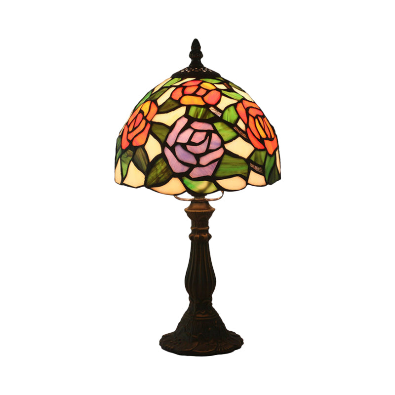 Pink/Purple and Pink Rose Night Lamp Victorian 1 Light Stained Art Glass Table Lighting with Dome Shade