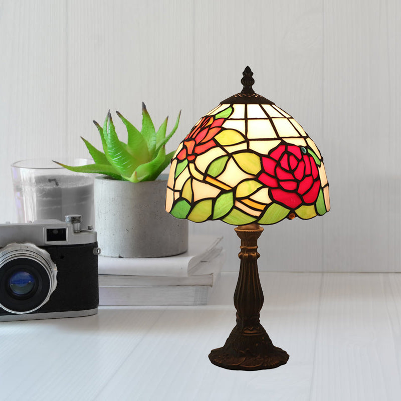 Victorian Dome Shade Night Lamp 1-Light Stained Art Glass Rose Patterned Desk Lighting in Red/Pink/Blue for Bedroom