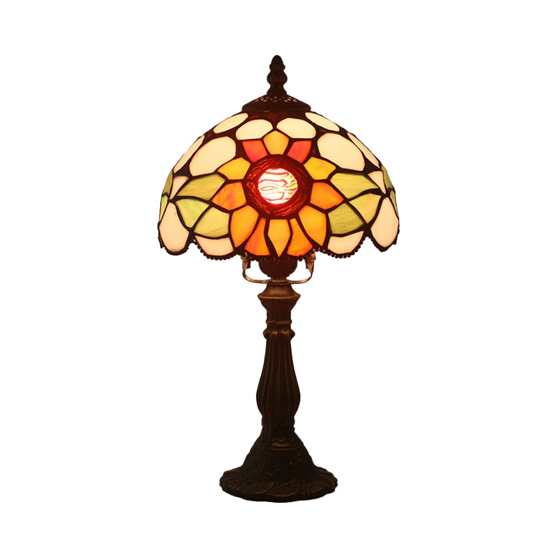 Stained Glass Dome Shaped Table Lamp Victorian 1-Light Bronze Night Lighting with Sunflower Pattern