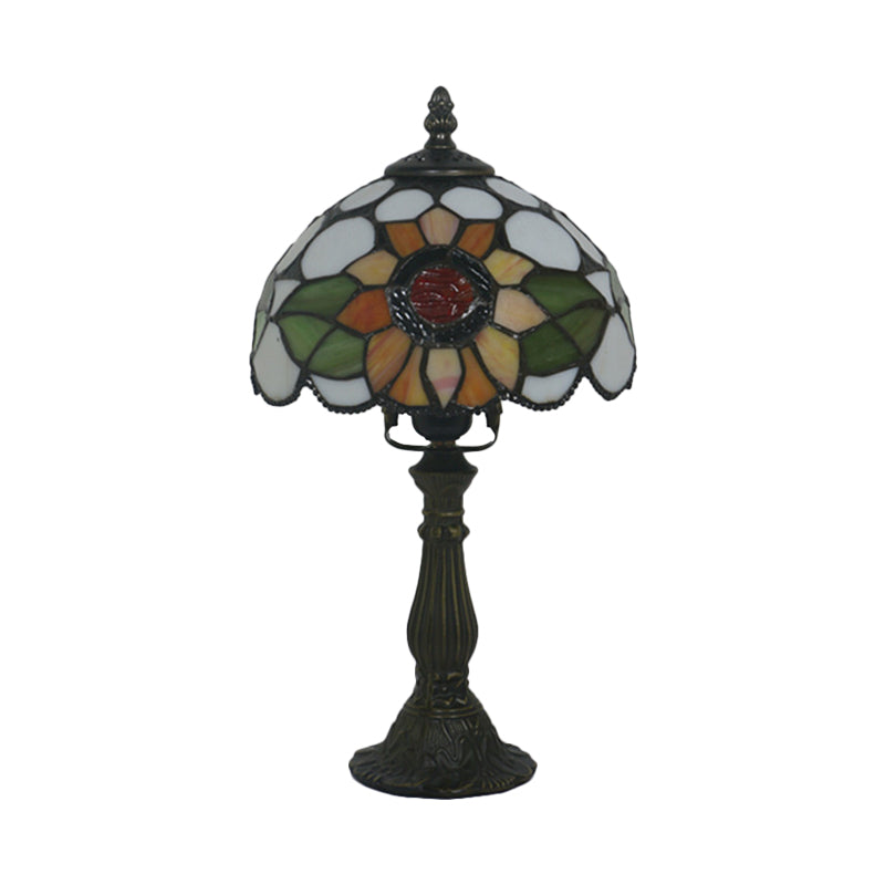 Stained Glass Dome Shaped Table Lamp Victorian 1-Light Bronze Night Lighting with Sunflower Pattern