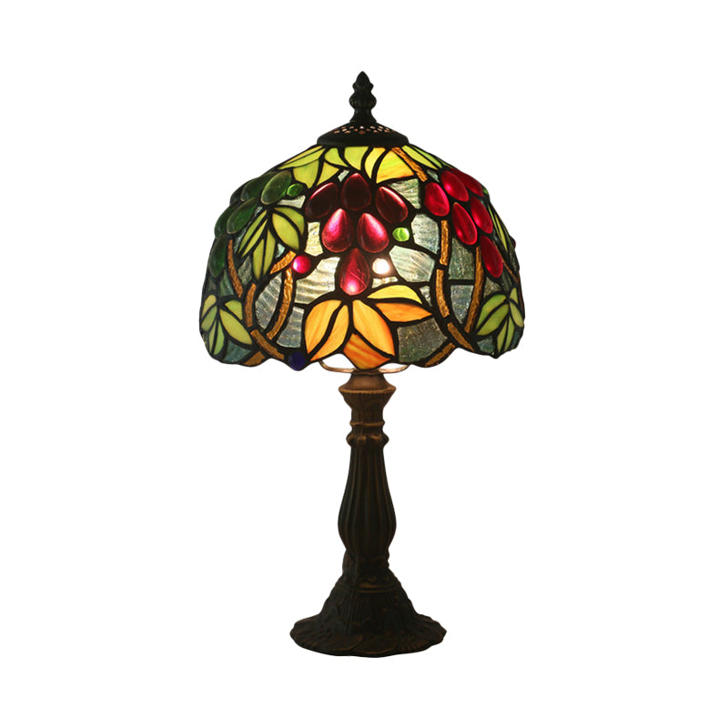 Dome Shape Cut Glass Night Light Tiffany 1 Head Yellow/Green Grape Patterned Nightstand Lamp for Bedroom