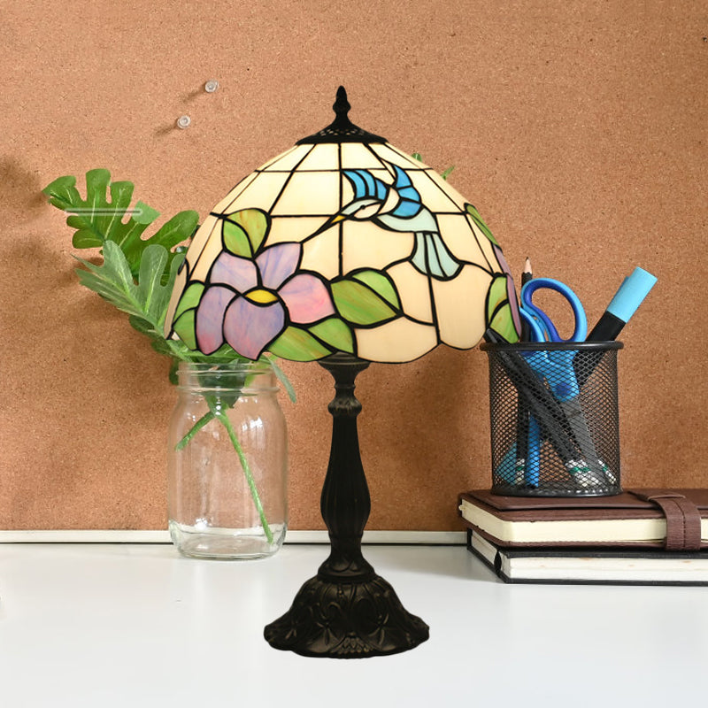 Bird and Flower Desk Light 1-Head Stained Glass Baroque Table Lamp in Bronze with Bowl Shade