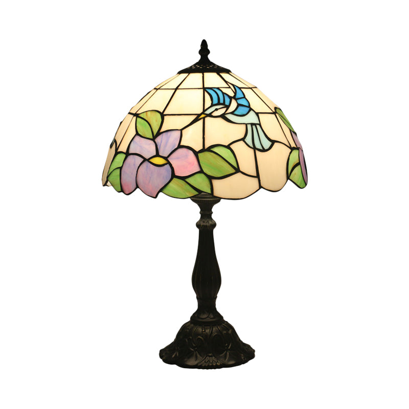 Bird and Flower Desk Light 1-Head Stained Glass Baroque Table Lamp in Bronze with Bowl Shade