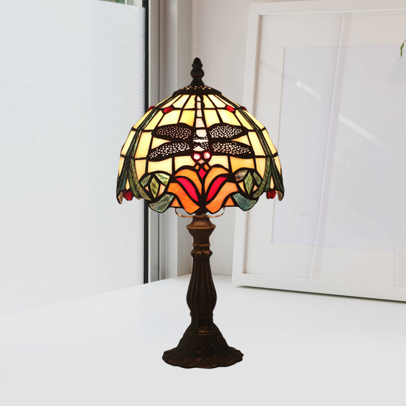 Stained Glass Red/Orange Table Light Dome Shade 1-Light Victorian Dragonfly and Floral Patterned Desk Lamp