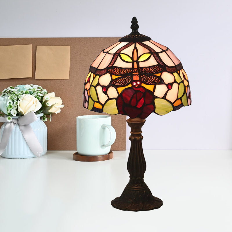 Stained Glass Red/Orange Table Light Dome Shade 1-Light Victorian Dragonfly and Floral Patterned Desk Lamp