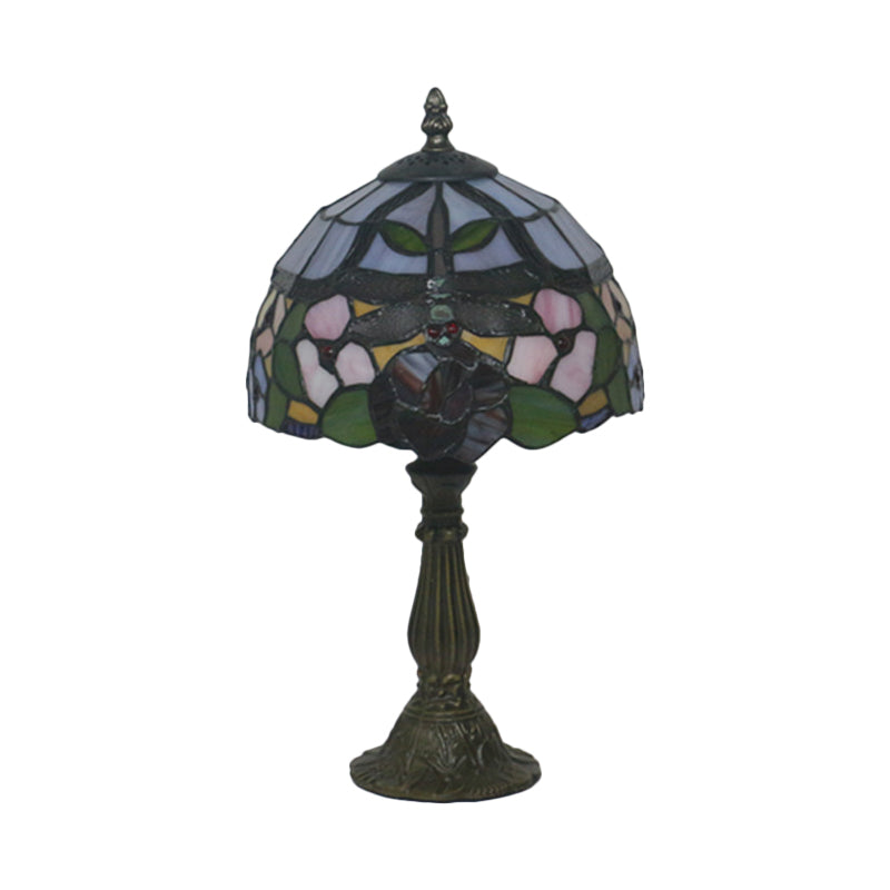 Stained Glass Red/Orange Table Light Dome Shade 1-Light Victorian Dragonfly and Floral Patterned Desk Lamp