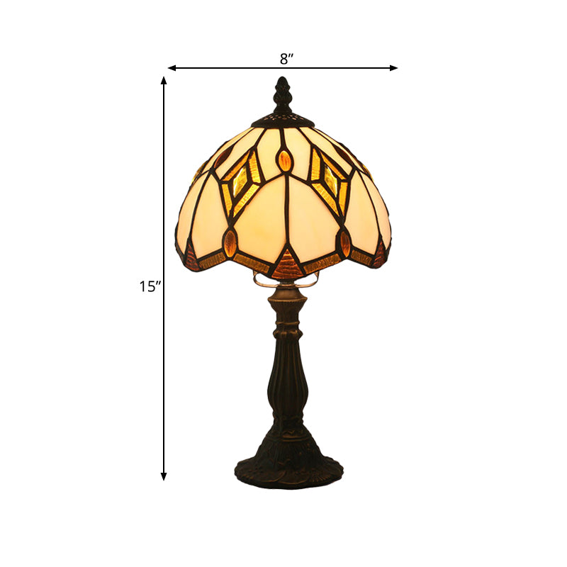 Bronze Domed Desk Lamp Mediterranean 1 Light Beige Glass Rhombus Patterned Night Light