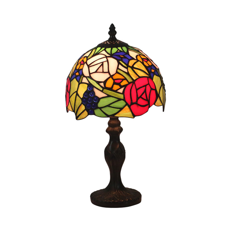 1-Light Domed Night Lighting Tiffany Style Bronze Stained Art Glass Rose Patterned Desk Light