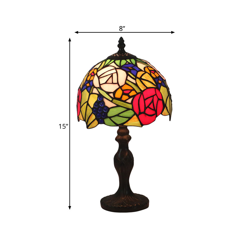 1-Light Domed Night Lighting Tiffany Style Bronze Stained Art Glass Rose Patterned Desk Light