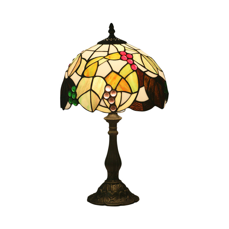 Bowl Shaped Stained Glass Desk Light Tiffany Style 1-Head Bronze Leaf and Fruit Patterned Night Table Lighting