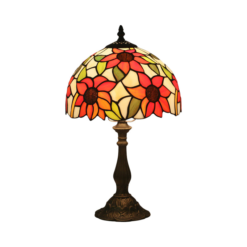 1-Head Bedside Nightstand Lighting Victorian Bronze Sunflower Patterned Night Light with Bowl Cut Glass Shade