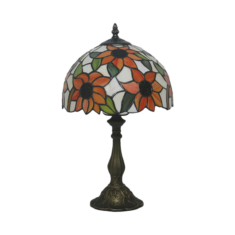 1-Head Bedside Nightstand Lighting Victorian Bronze Sunflower Patterned Night Light with Bowl Cut Glass Shade