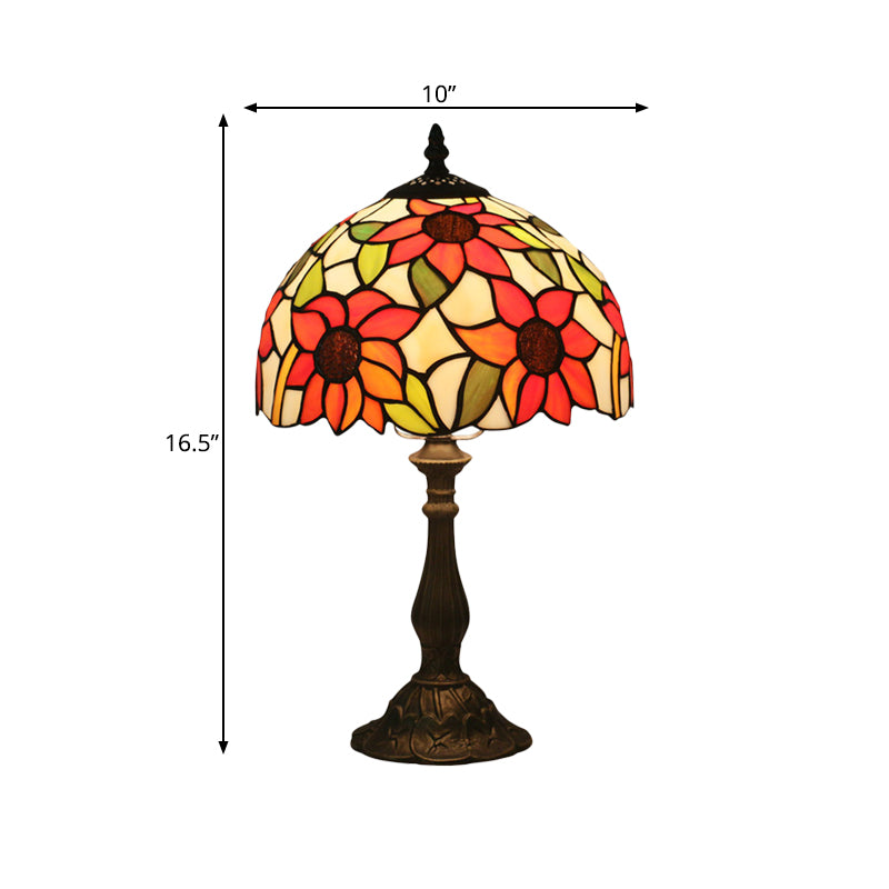 1-Head Bedside Nightstand Lighting Victorian Bronze Sunflower Patterned Night Light with Bowl Cut Glass Shade