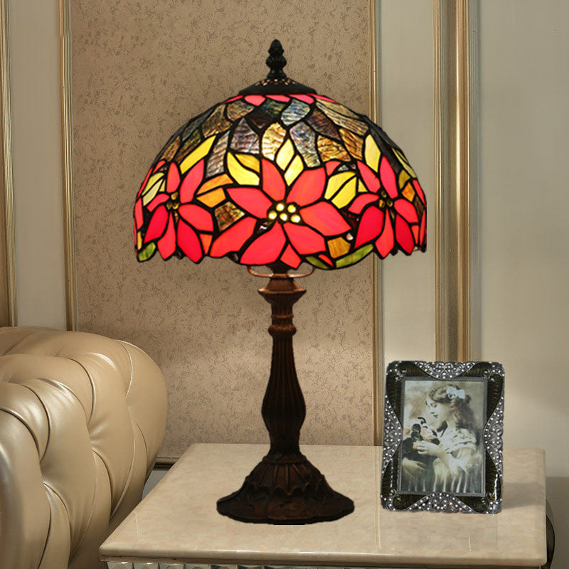 Bowl Shape Desk Lighting 1-Head Stained Art Glass Mediterranean Flower Patterned Table Lamp in Bronze