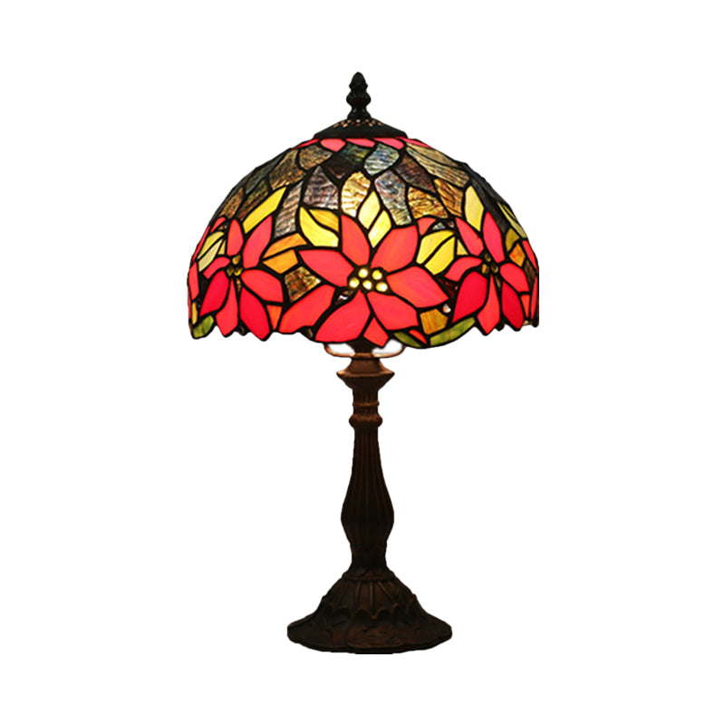 Bowl Shape Desk Lighting 1-Head Stained Art Glass Mediterranean Flower Patterned Table Lamp in Bronze