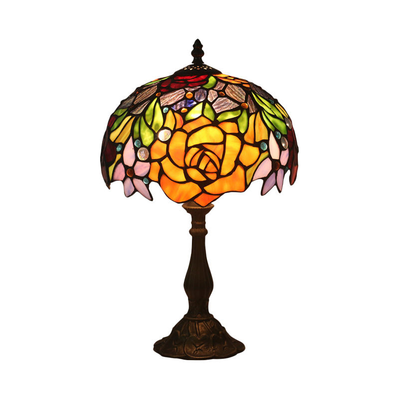 Stained Glass Bronze Night Light Rose 1 Light Baroque Style Table Lighting with Bowl Shade for Bedroom